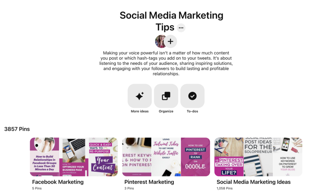 A social media marketing tips Pinterest board broken down into three sections of: Facebook marketing, Pinterest marketing and social media marketing ideas