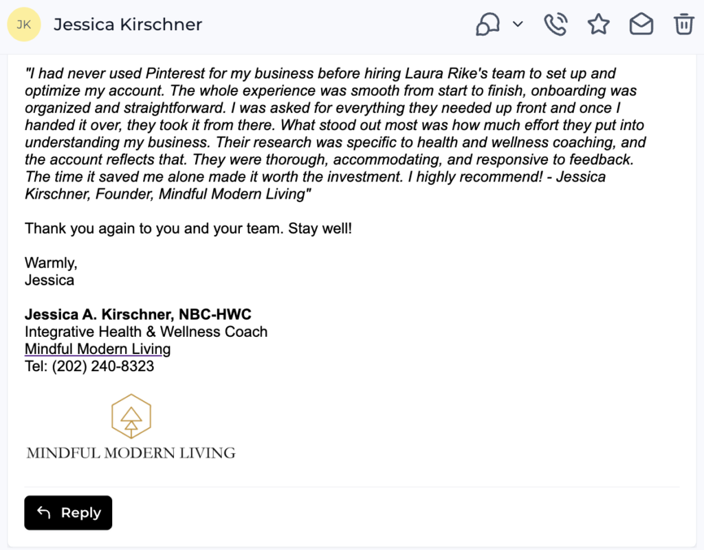 Screenshot 2026-09-22 at 25050 pm | pinterest marketing What a Pinterest management service should do for you - client review for laura rike